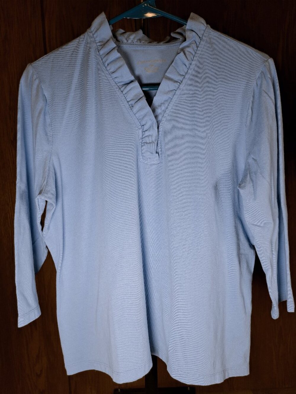 Appleseed's Ruffle Neck Blouse 3/4 Sleeves, Light Blue - PM